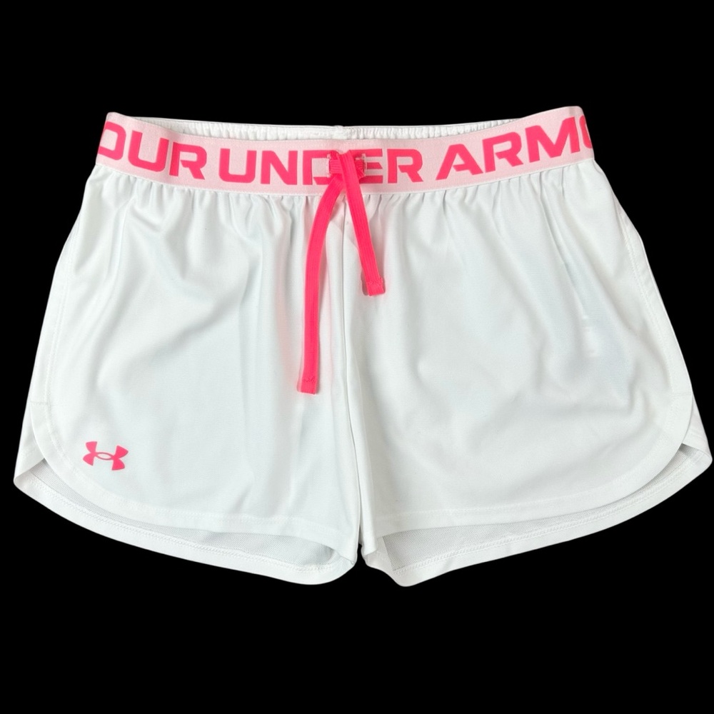 Under Armour Girls Play Up Solid Athleta Short in White and Pink size Large
